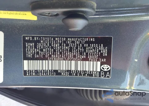 2018 Toyota Corolla Le z USA, uszkodzony, nr VIN 5YFBURHE1JP739547